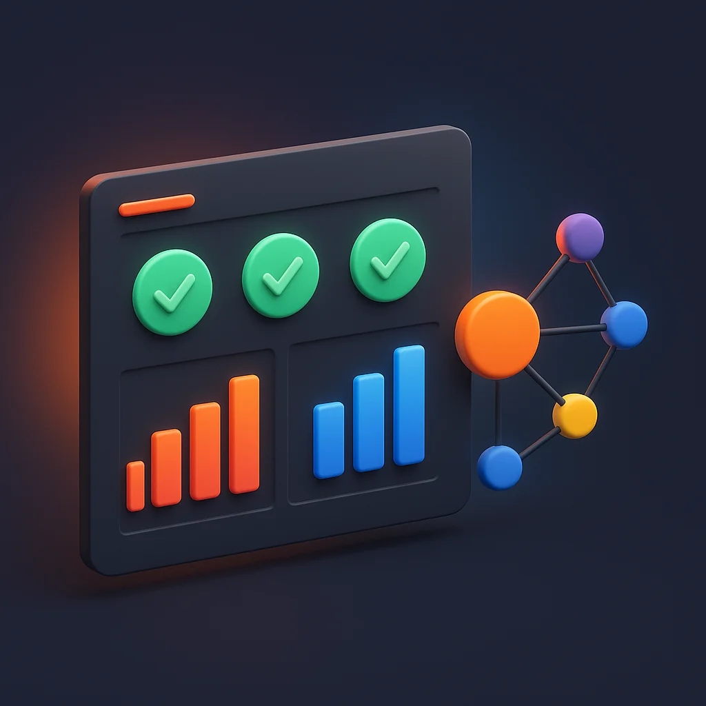 A clean concept illustration of a dashboard with visibility scores and timeline bars glowing on a dark background.