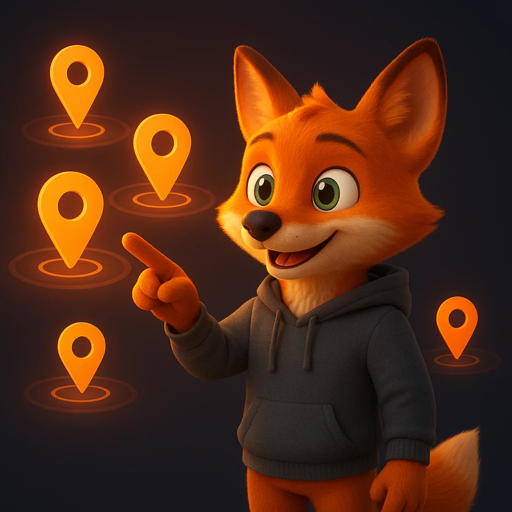 The FoxRadar fox mascot stands and points at floating map pins and rings, explaining a service area.
