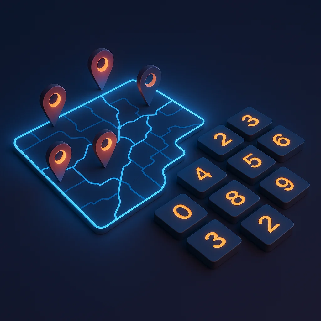 A clean concept illustration of a glowing digital map with pins and zip code tiles, no characters.