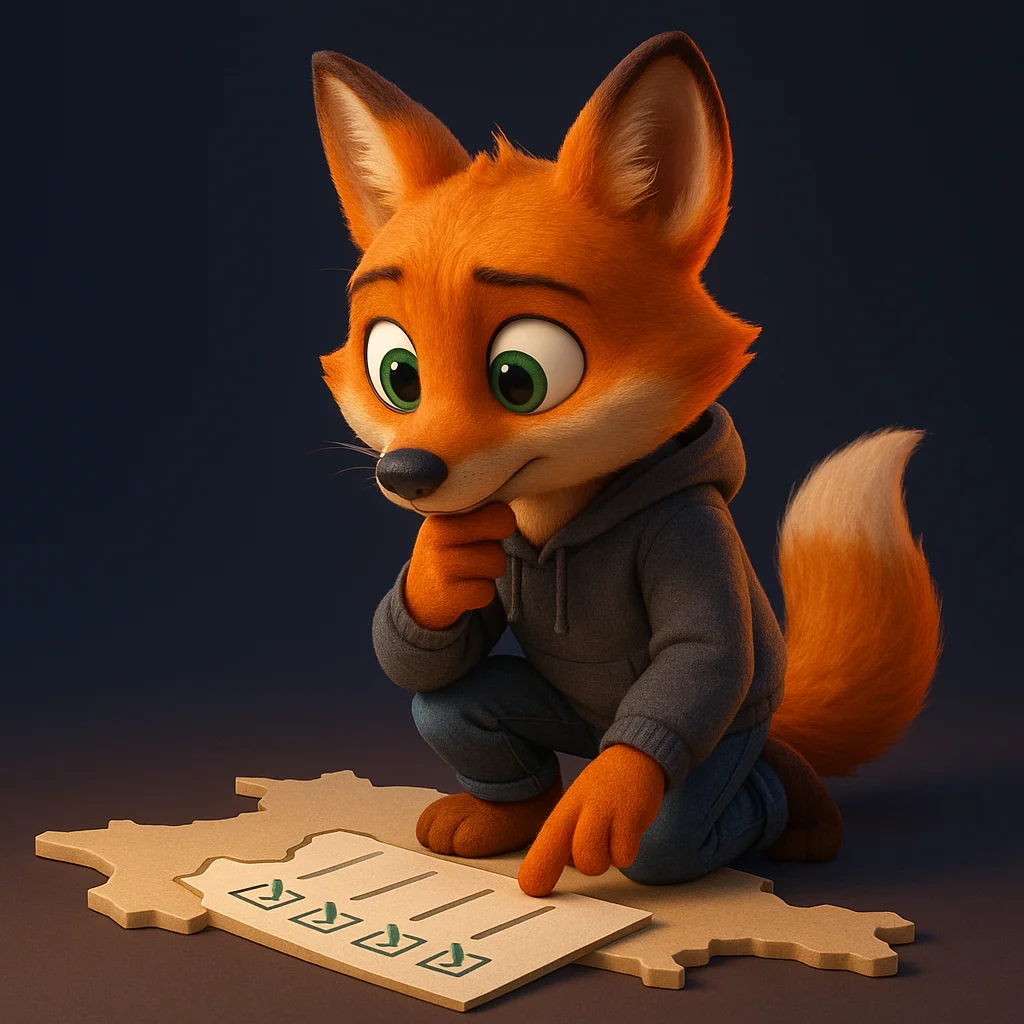 The FoxRadar fox mascot kneels and inspects a checklist over a map outline, focused and thoughtful.