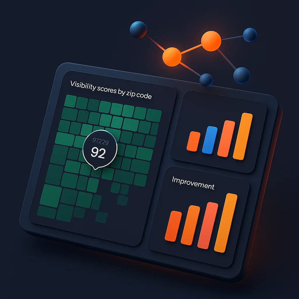 A clean concept illustration of a dashboard showing visibility scores by zip code with glowing charts, no characters.