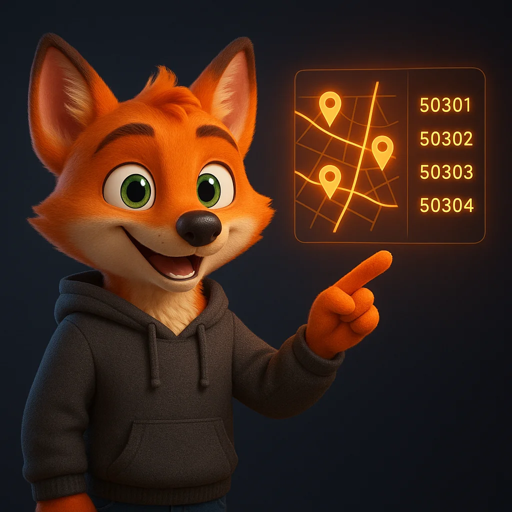 The FoxRadar fox mascot pointing at a floating map with bright pins and a short list of ZIP codes.