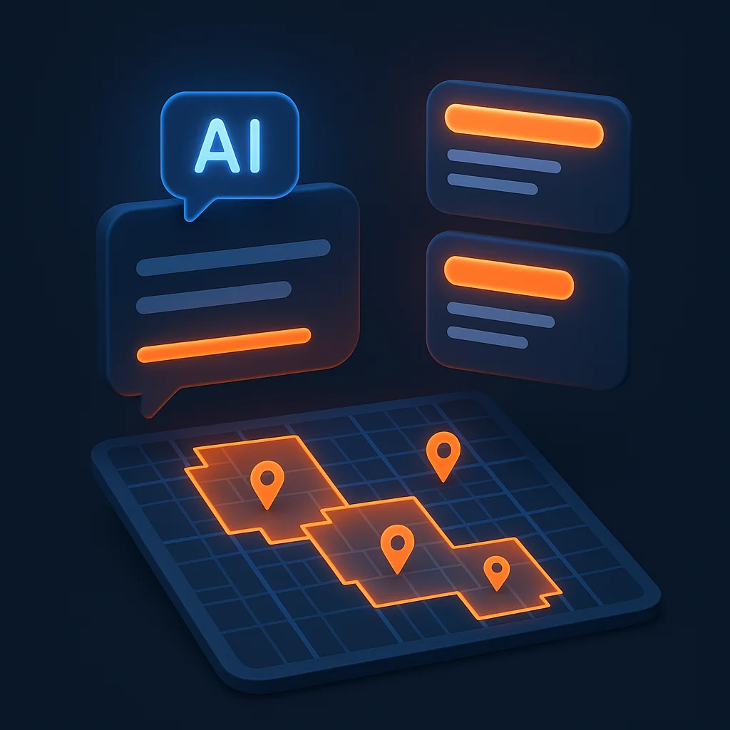 A clean 3D concept image of glowing search result cards and a city map grid with highlighted ZIP code blocks.