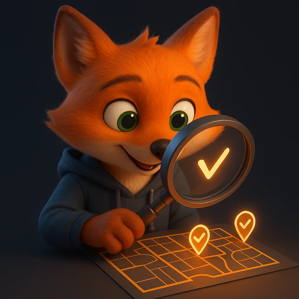 The FoxRadar fox mascot holding a magnifying glass over a small neighborhood map with checkmarks.