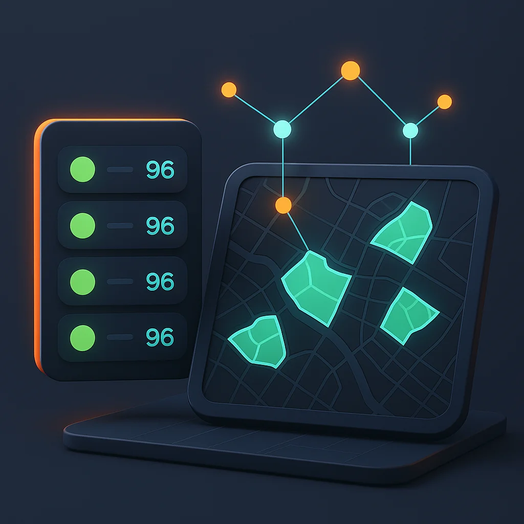 A clean 3D concept image of a dashboard showing area visibility scores and a map with zones lit up.