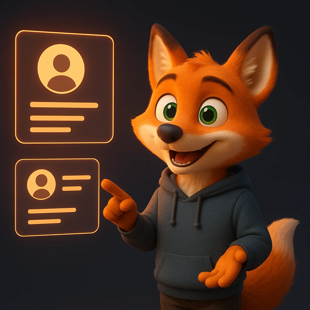The FoxRadar fox mascot standing and pointing at floating team profile cards with simple icons and photos.