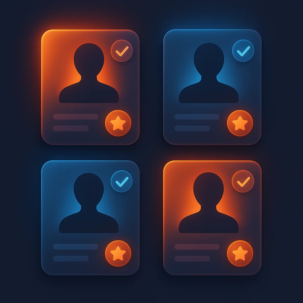 Concept illustration of glowing profile interface cards and check marks on a dark background, no fox shown.