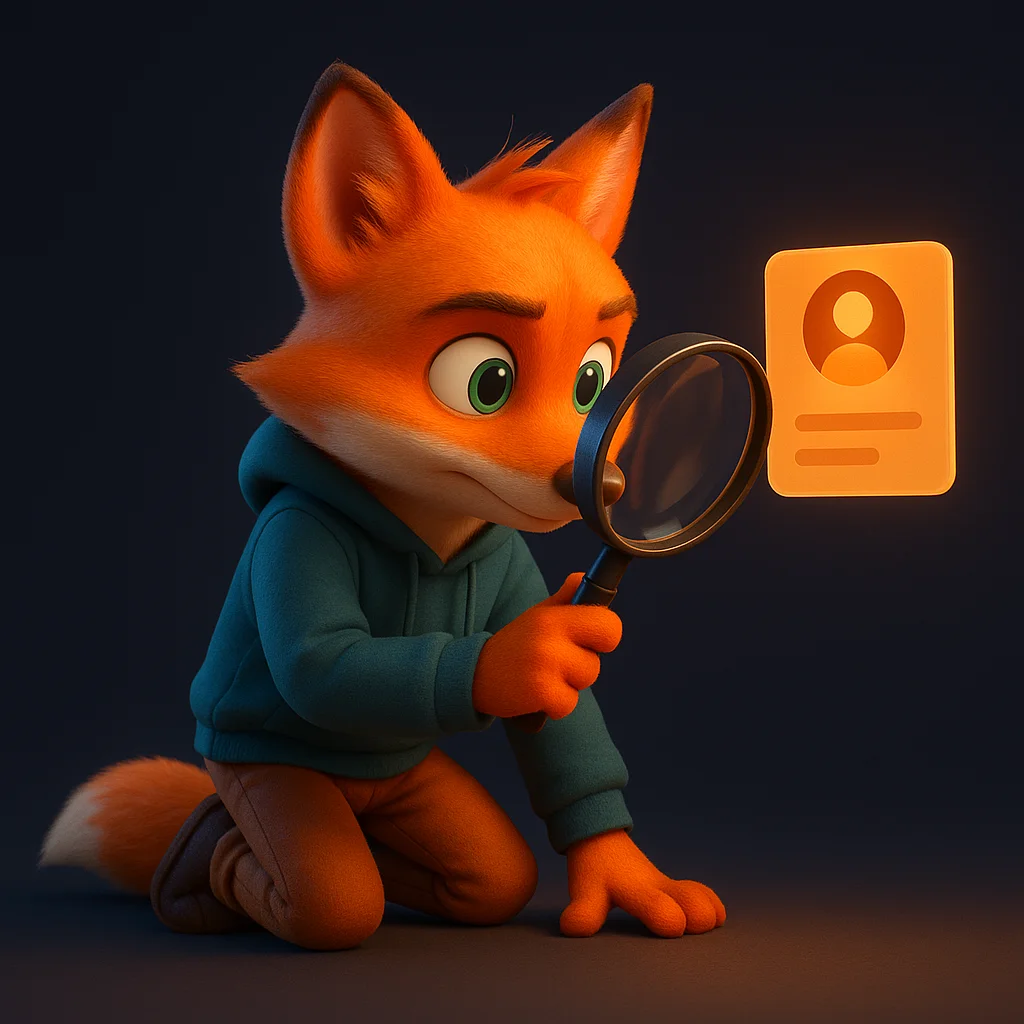The FoxRadar fox mascot kneeling and inspecting a small glowing profile card with a magnifying glass.
