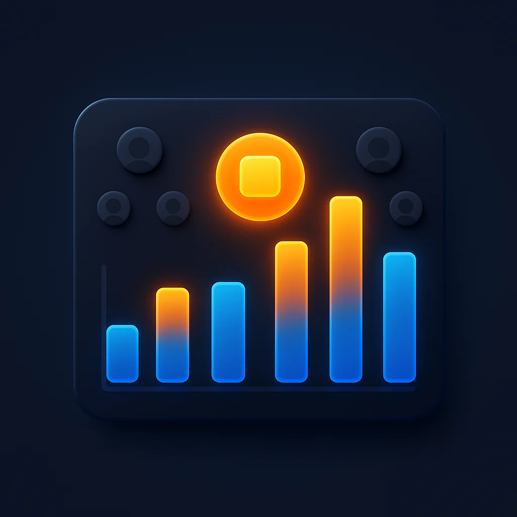 Concept illustration of a dashboard with bright visibility bars and a central brand icon glowing stronger than others, no fox shown.