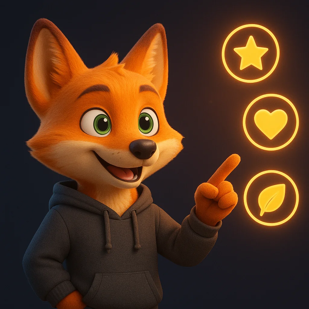 The FoxRadar fox mascot stands and points at floating icons that represent values and attributes, guiding the reader.