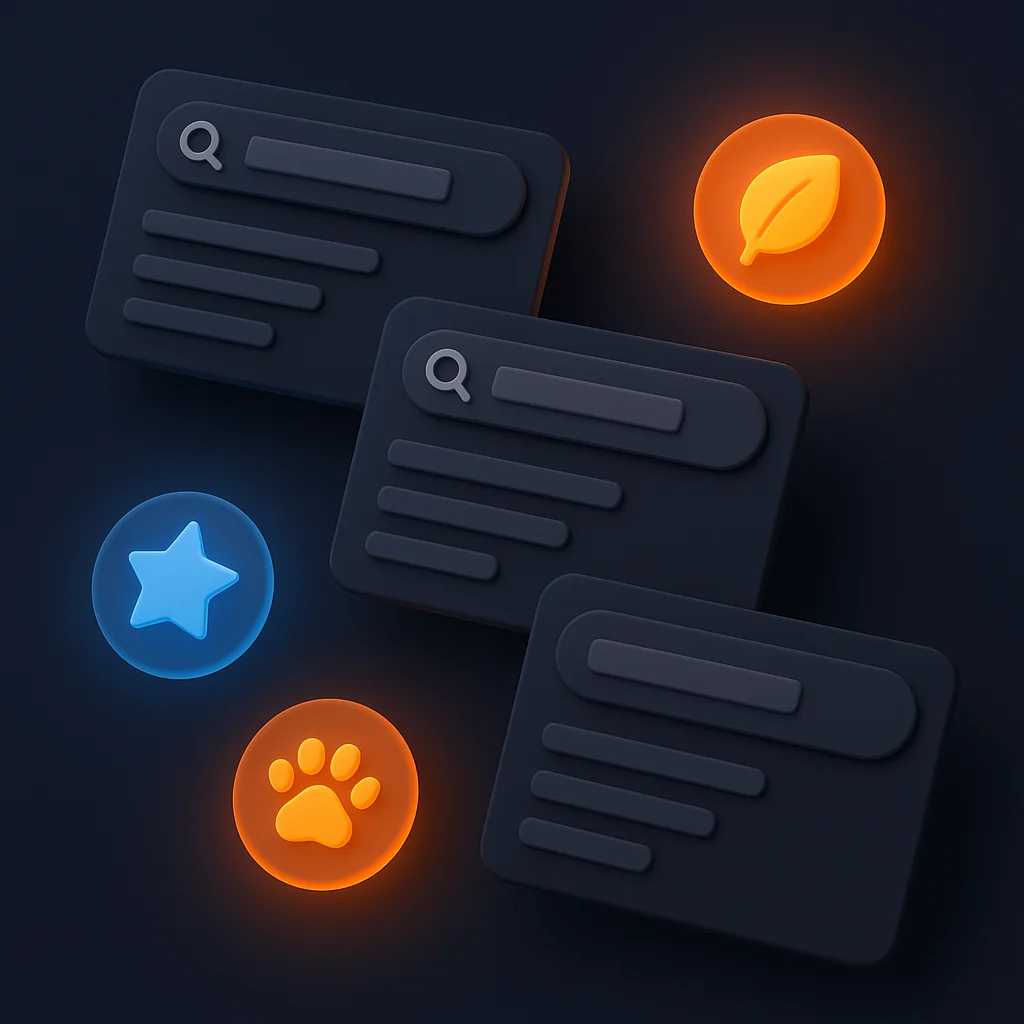 A clean concept illustration of glowing interface cards showing brand attributes on a dark background, no characters.