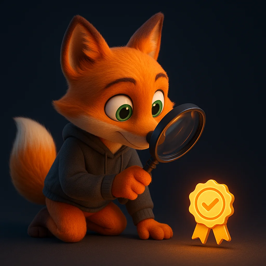 The FoxRadar fox mascot holds a magnifying glass and inspects a glowing proof badge, focused and confident.