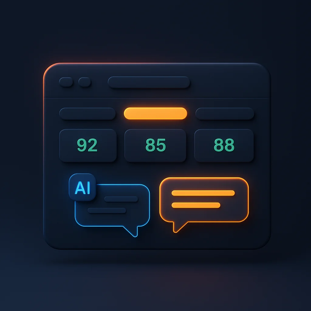A clean concept illustration of a dashboard with visibility scores and a brand name glowing brighter than others, no characters.
