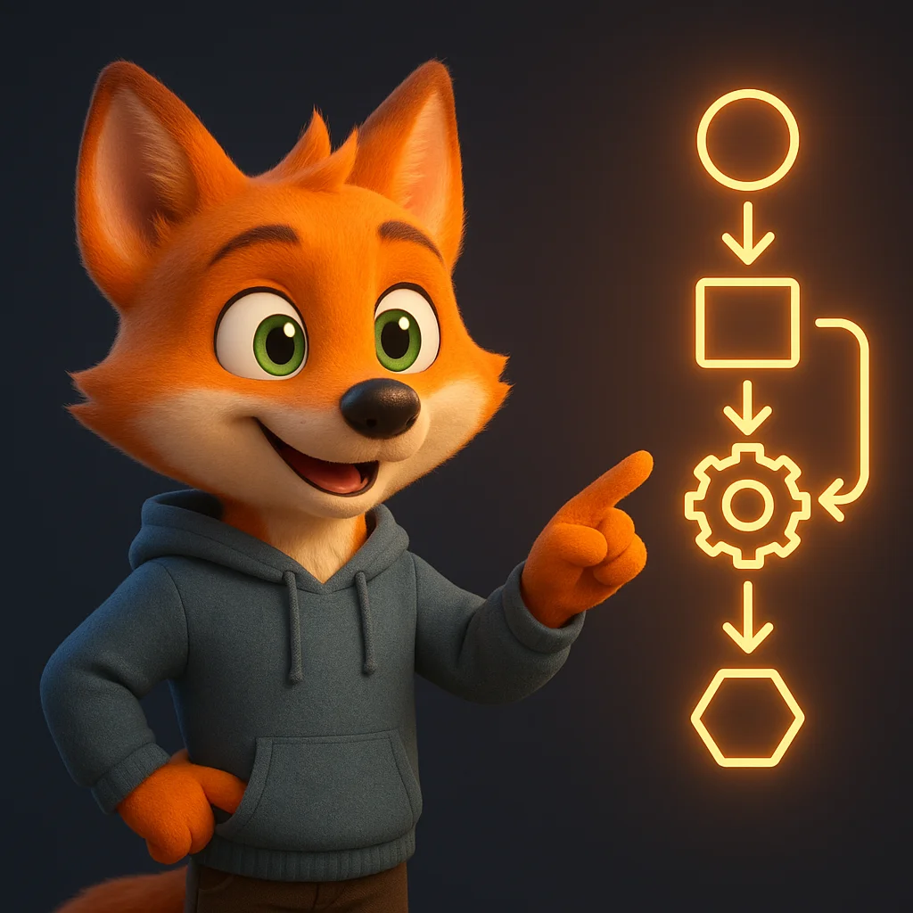 The FoxRadar fox mascot stands and points at floating step icons, explaining a simple business process.