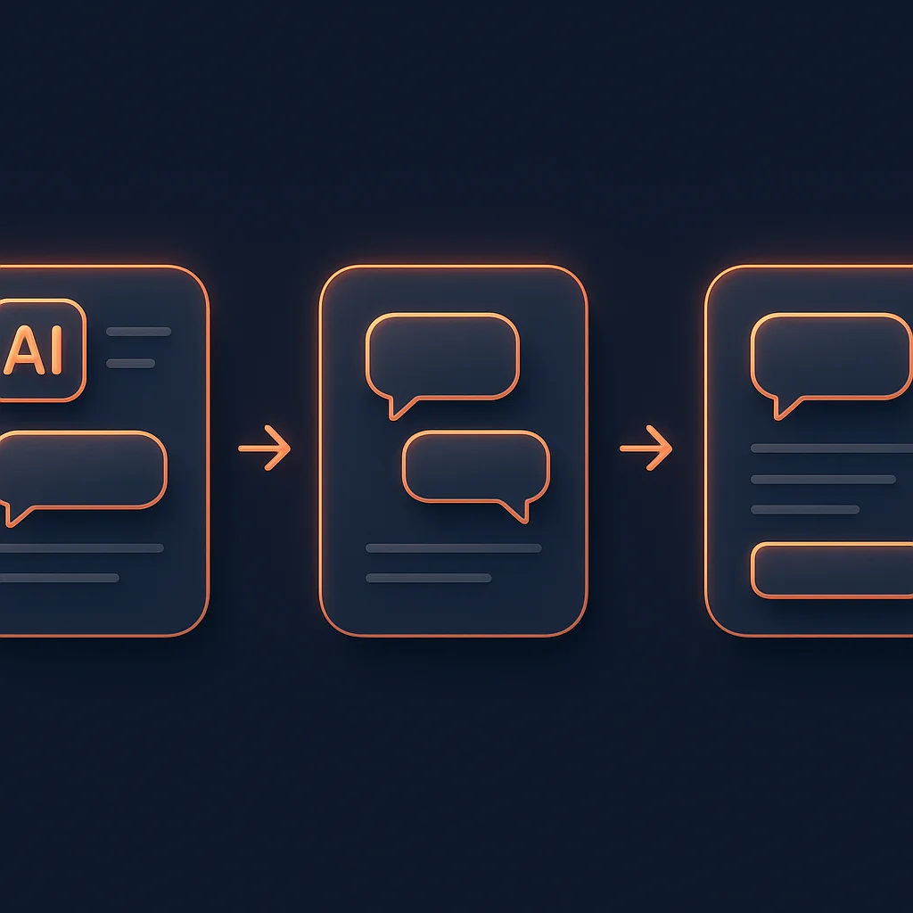 A clean 3D concept illustration of glowing step cards arranged in a flow, showing a simple service process without any text.