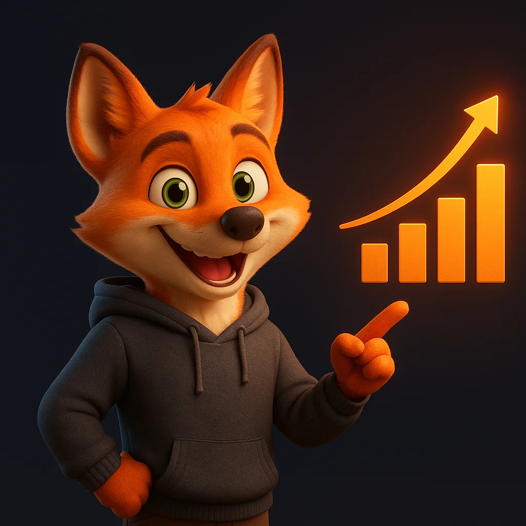 The FoxRadar fox mascot points at a rising chart, smiling with a confident pose.