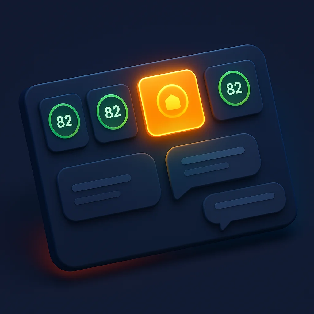 A clean 3D concept illustration of a dashboard with visibility scores and a bright highlight around one brand card.
