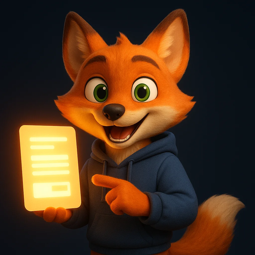 The FoxRadar fox mascot standing and holding a glowing document, pointing to it with a confident smile.