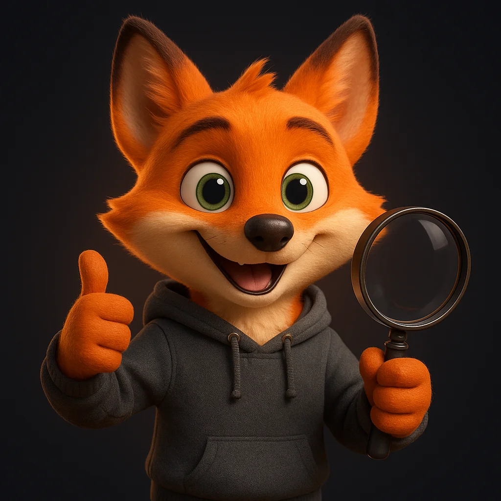 The FoxRadar fox mascot holding a magnifying glass and giving a thumbs-up after reviewing examples.