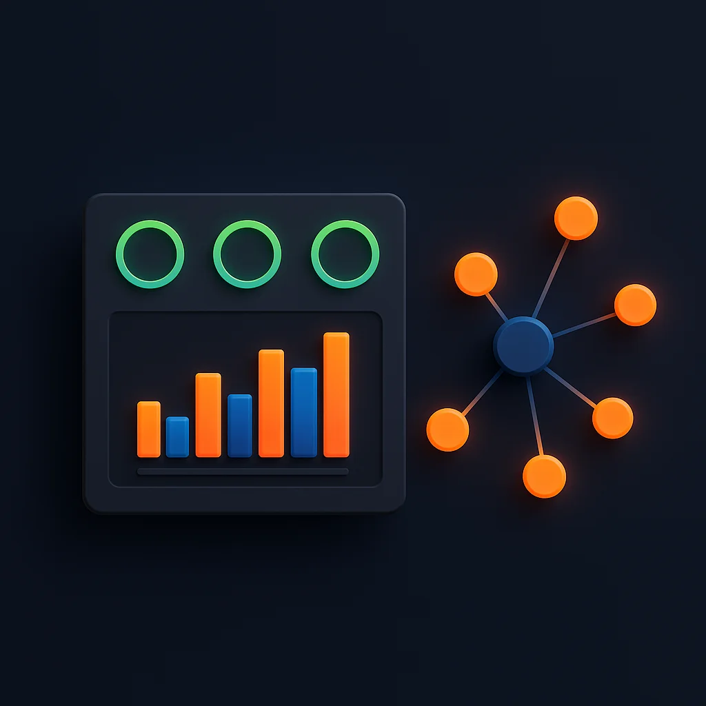 Clean concept illustration of a glowing analytics dashboard with abstract charts and nodes, no text.