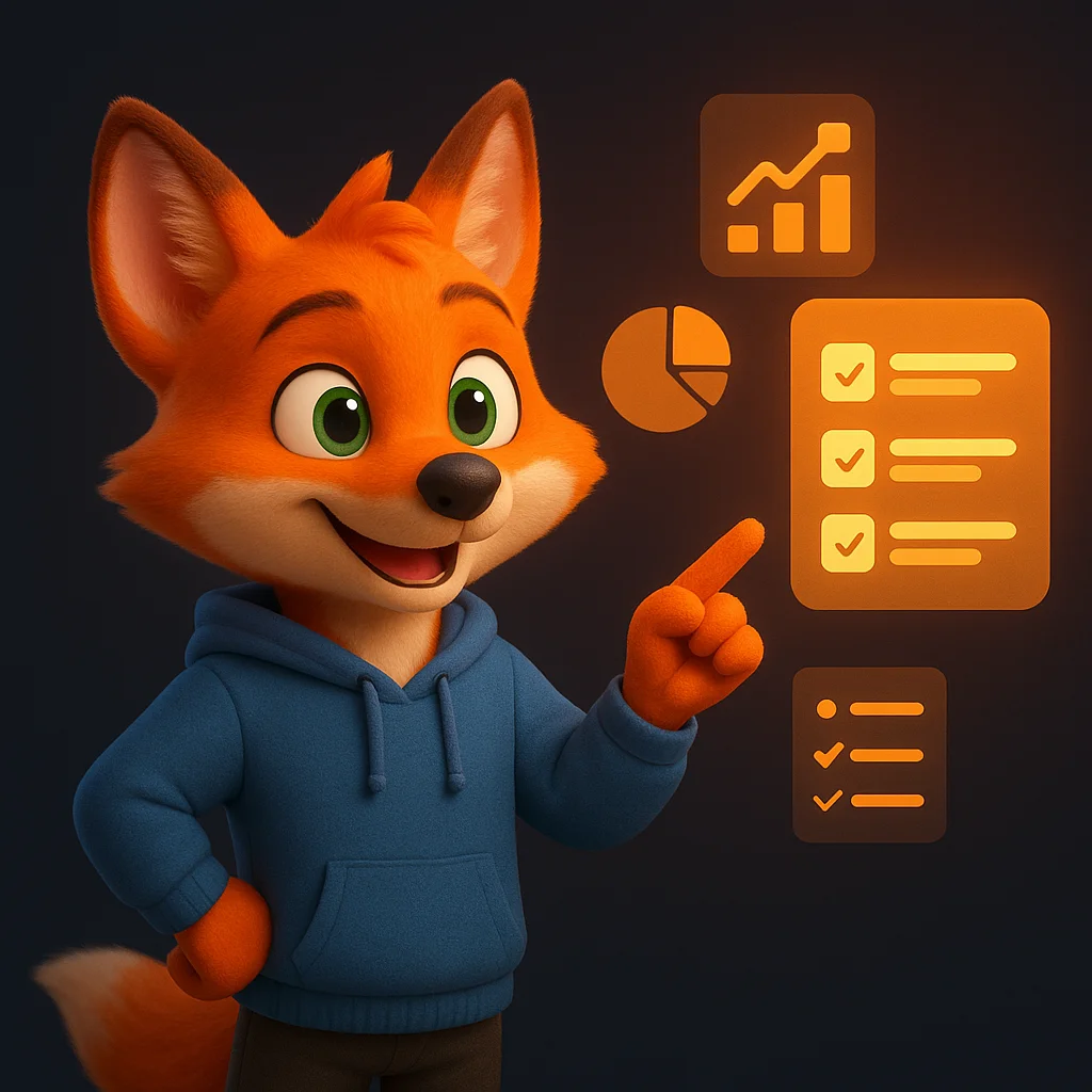 The FoxRadar fox mascot standing and pointing at floating checklists and data icons, guiding the reader to use simple templates.