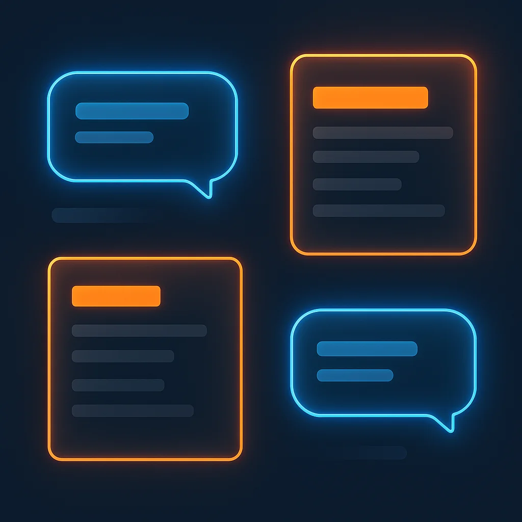 A clean concept illustration of glowing AI chat interface cards and search result panels floating on a dark background.