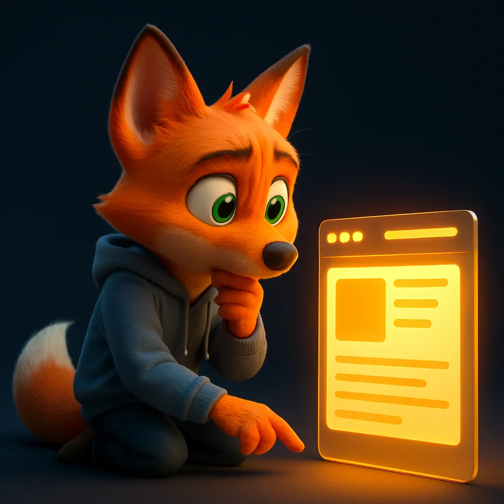 The FoxRadar fox mascot kneeling and inspecting a glowing web page panel closely, checking that templates are clear.