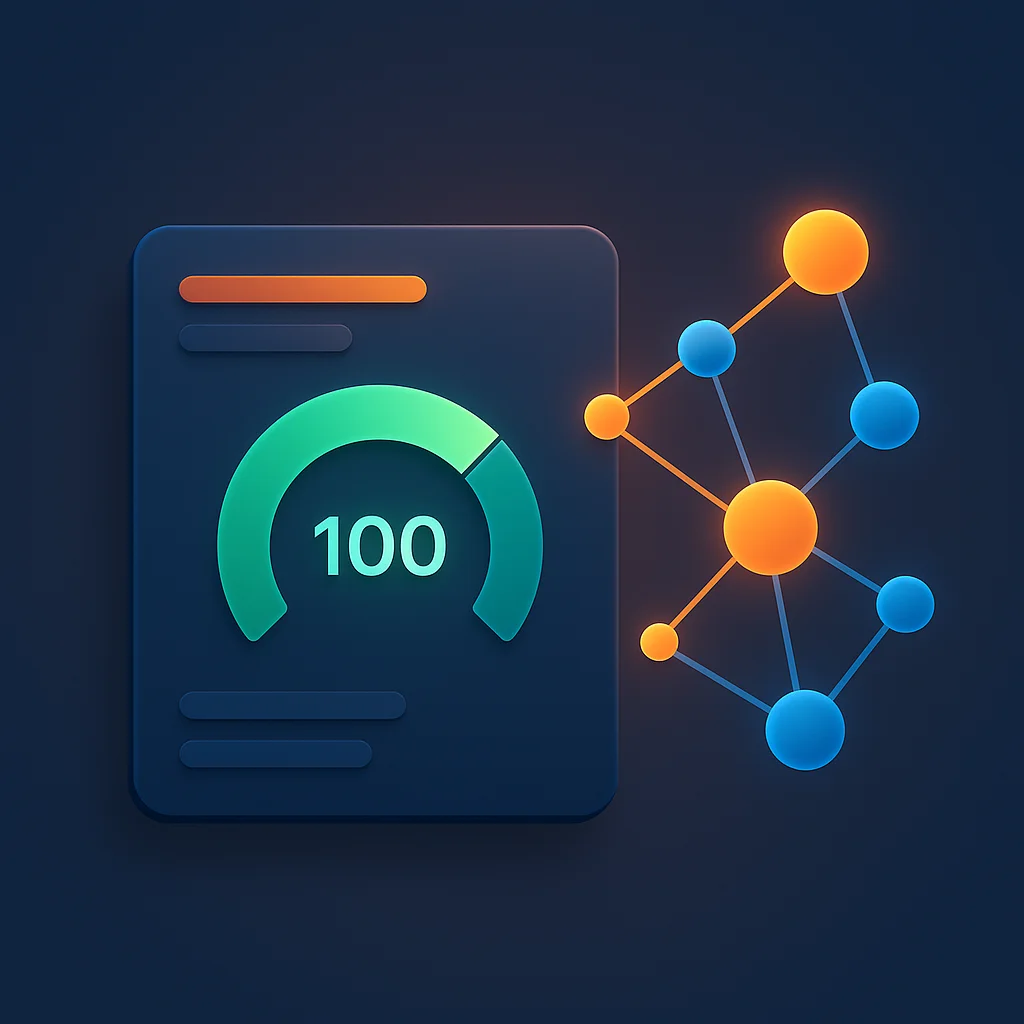 A clean concept illustration of a dashboard with rising visibility scores and connected nodes, no fox shown.