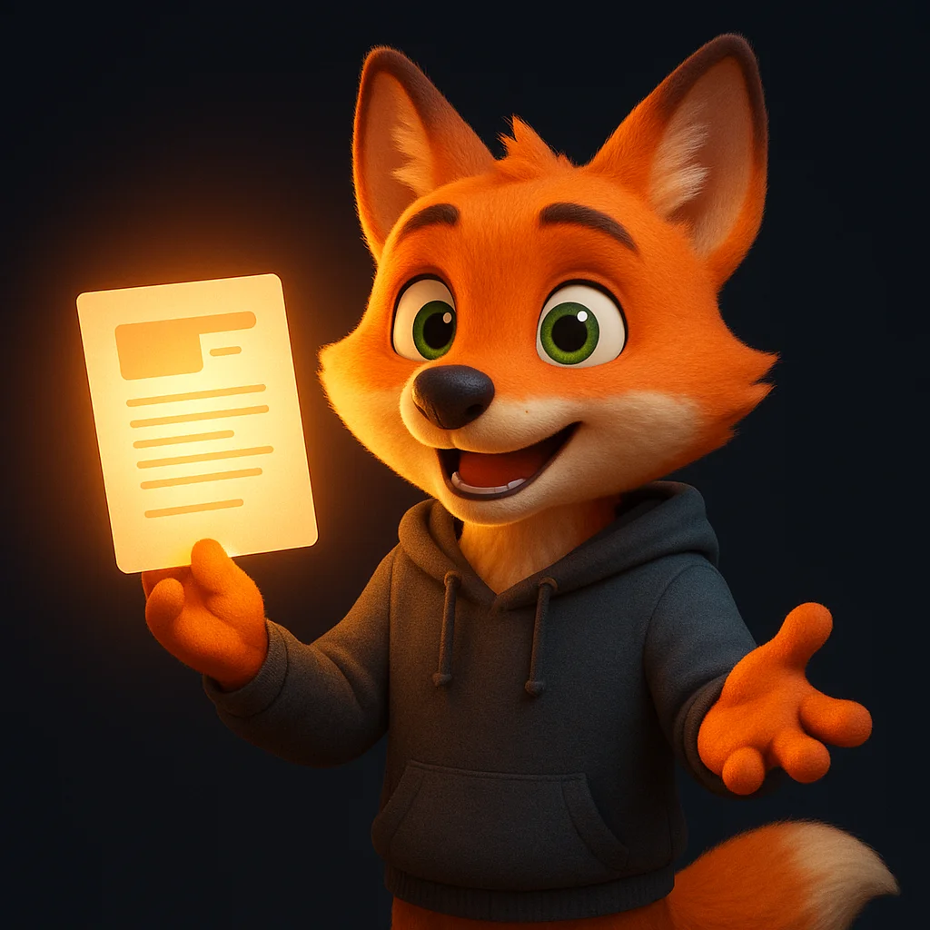 The FoxRadar fox mascot holds a glowing document and points to key items, showing a clear ingredients list.
