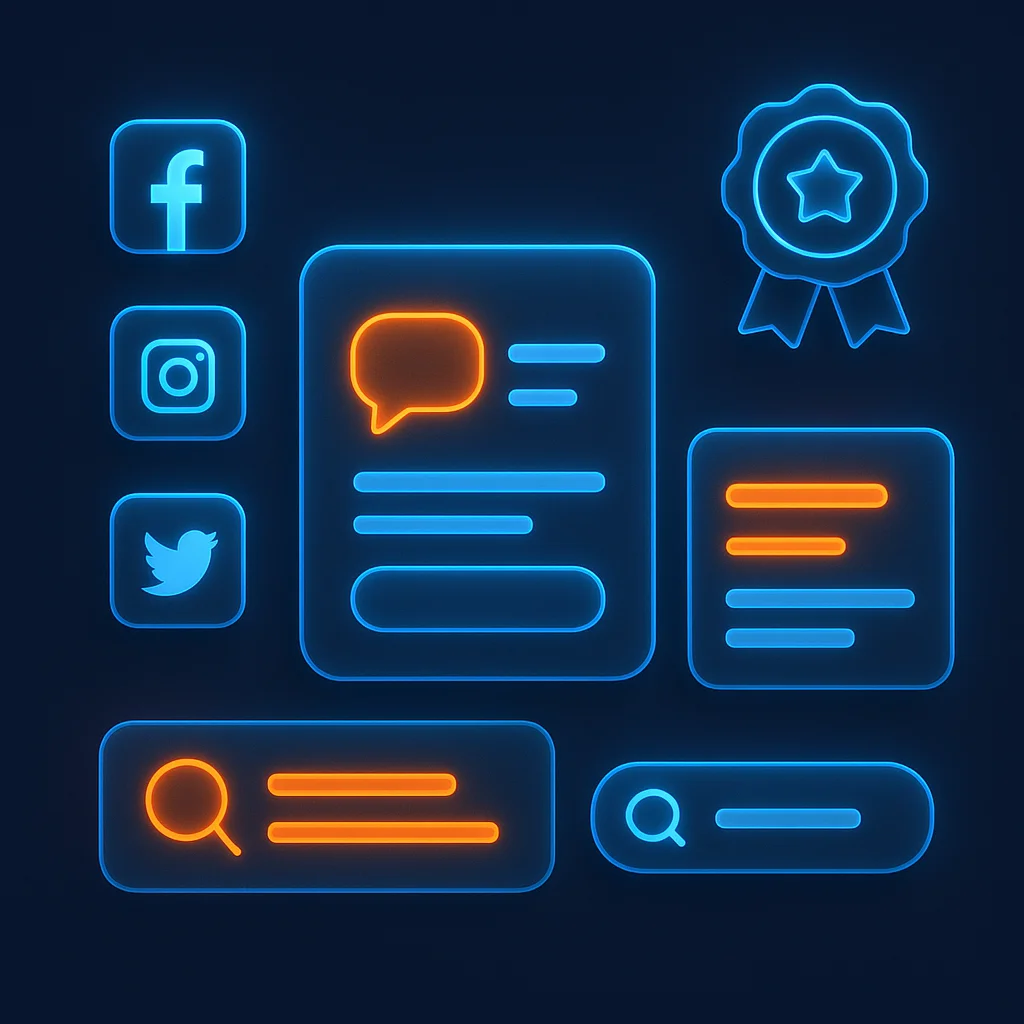 A clean concept illustration of glowing search result cards and interface tiles arranged on a dark background, no text.