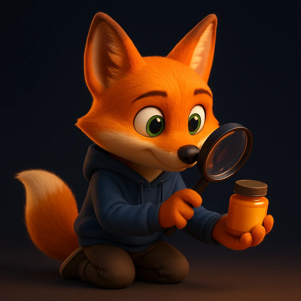 The FoxRadar fox mascot kneels and inspects a product container closely with a magnifying glass, focused and careful.