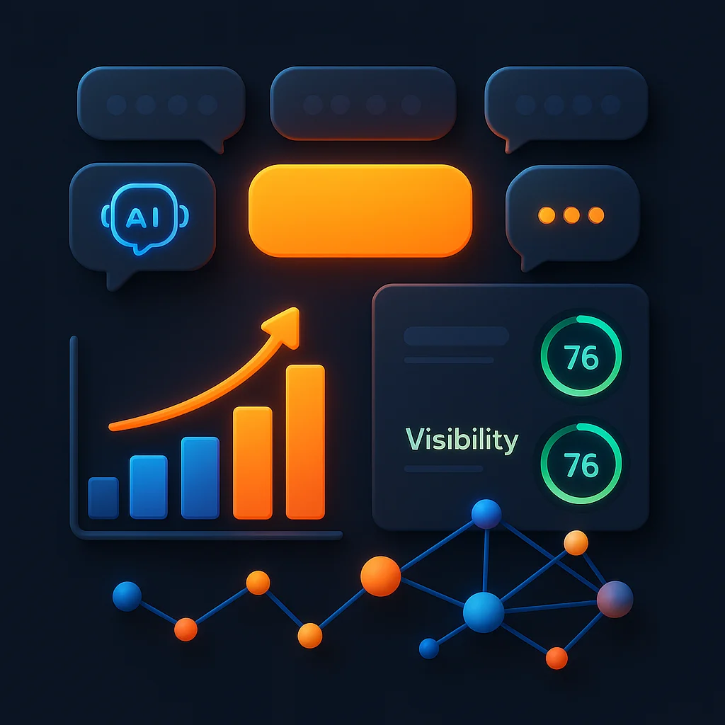 A clean concept illustration of a dashboard with bright visibility scores and charts glowing on a dark background, no text.