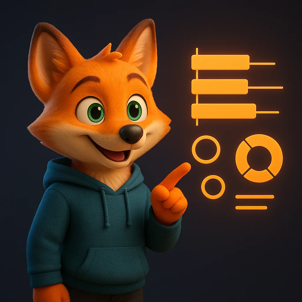 The FoxRadar fox mascot stands and points at floating price range visuals and simple data icons.