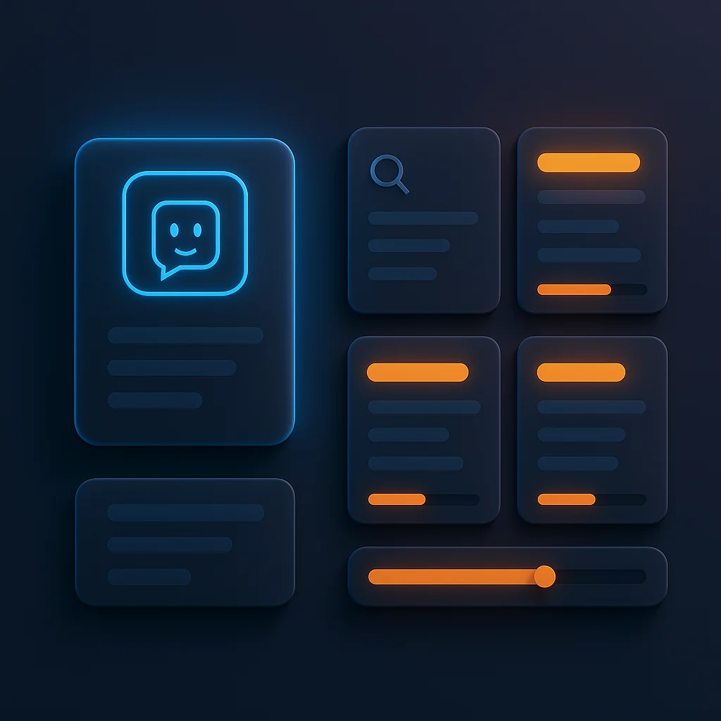 A clean concept illustration of glowing AI search result cards and price range bars on a dark background.
