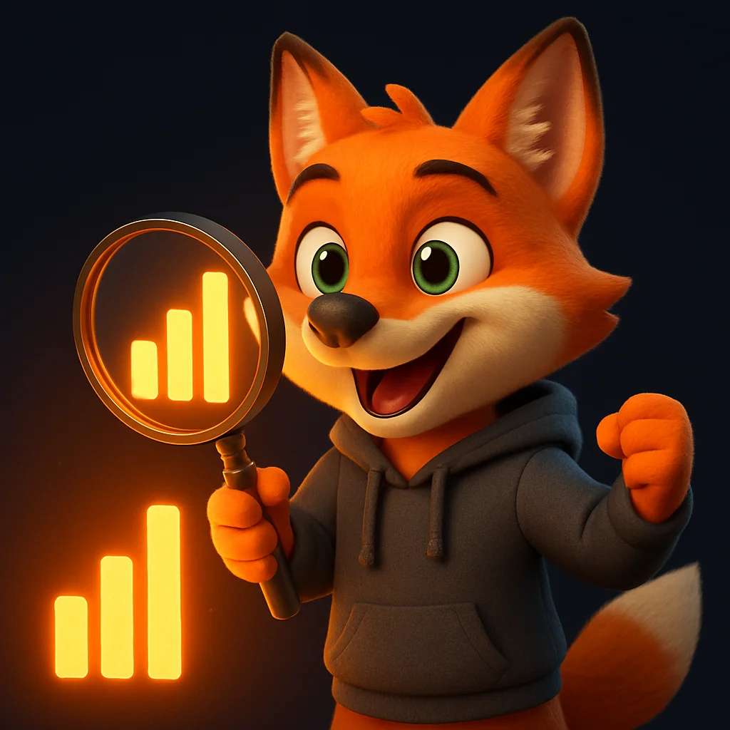 The FoxRadar fox mascot holds a magnifying glass over a glowing list of price ranges, smiling with confidence.