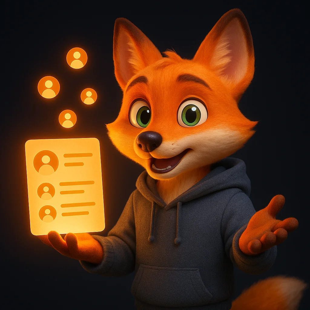 The FoxRadar fox mascot holding a glowing document and pointing at a list of official profile icons.