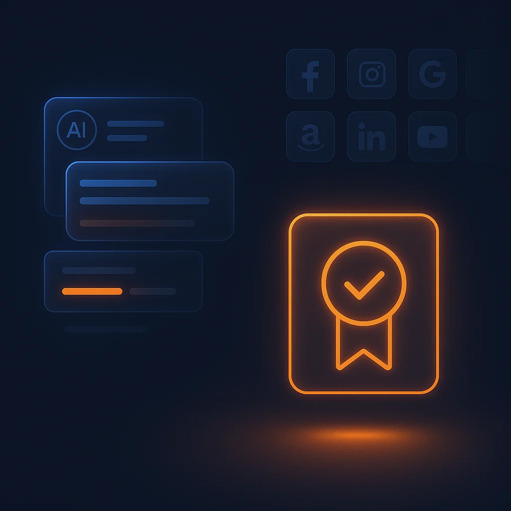 A clean concept image of floating platform profile cards and brand icons glowing on a dark background.