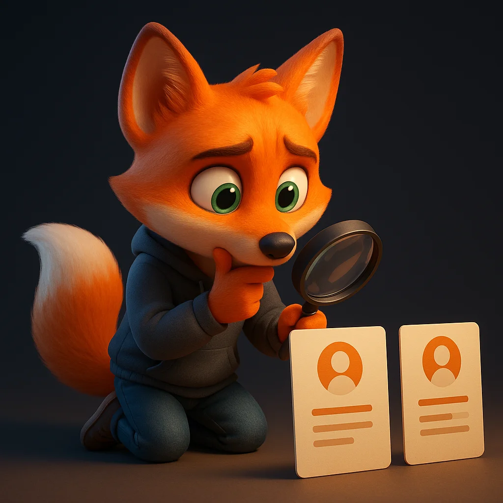 The FoxRadar fox mascot kneeling and inspecting two similar profile cards with a magnifying glass.