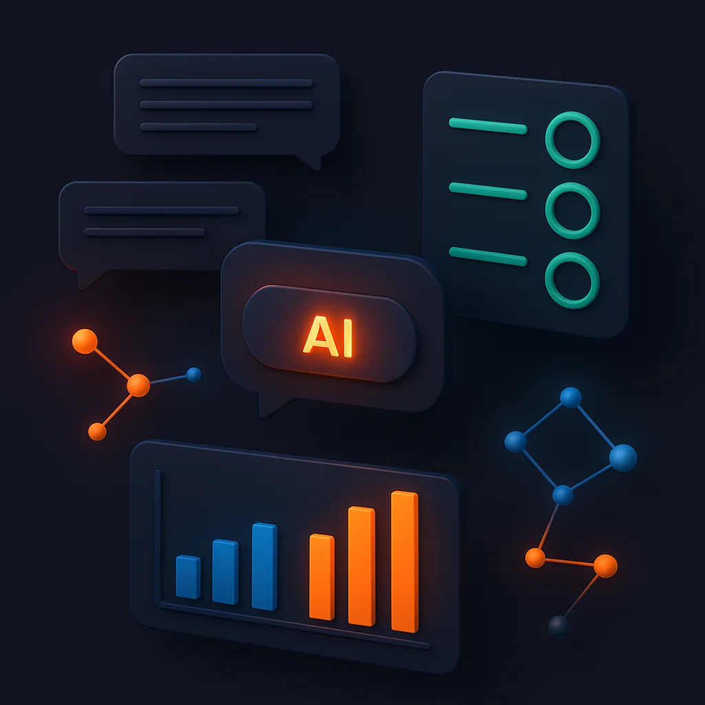 A concept image of a bright brand name card glowing above dim competitor cards and AI chat bubbles.