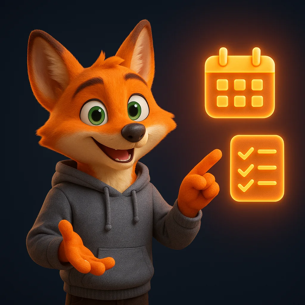The FoxRadar fox mascot stands and points at floating month-by-month checklist data, explaining the plan.