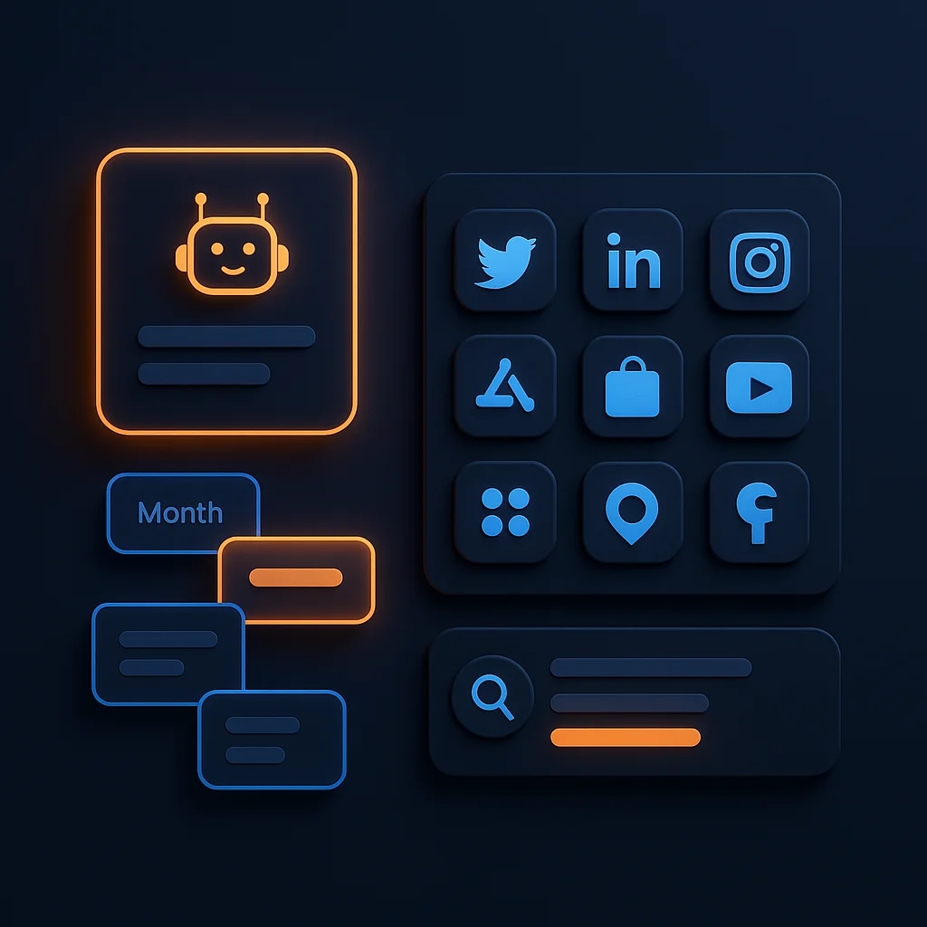 A clean concept illustration of glowing calendar cards and service icons arranged in a grid on a dark background, no fox.