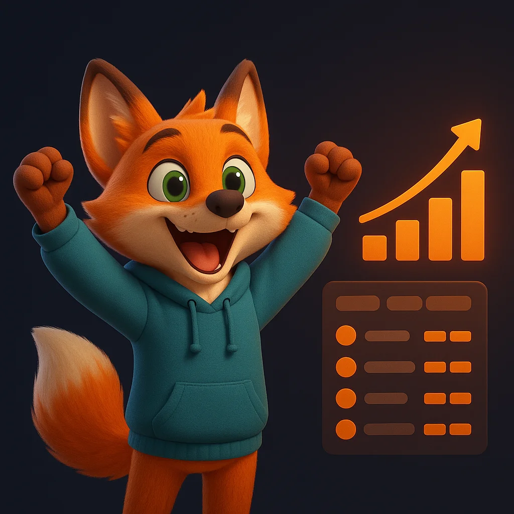 The FoxRadar fox mascot celebrates with arms raised beside a simple month list that shows tasks and booking windows.