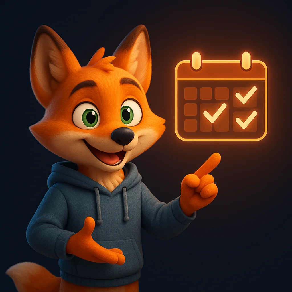 The FoxRadar fox mascot standing and pointing at floating calendar data with a friendly teaching pose.