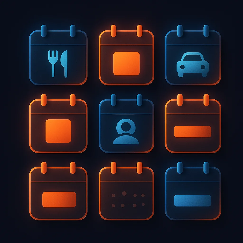 A clean concept illustration of glowing seasonal calendar cards and scheduling icons on a dark background.