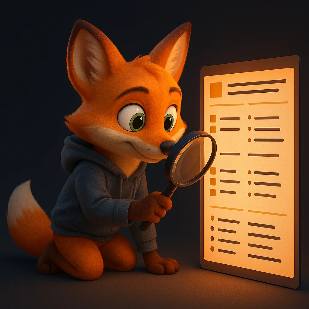 The FoxRadar fox mascot holding a magnifying glass, closely inspecting a structured month-by-month list.