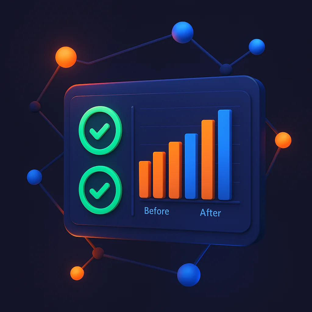A concept illustration of a dashboard showing rising AI visibility scores and before/after comparison bars.