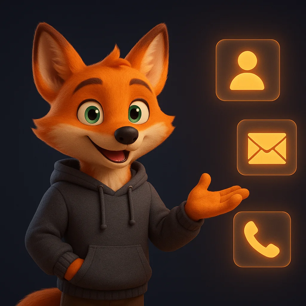 The FoxRadar fox mascot standing and pointing at floating data panels that list access details like ramps and contact options.