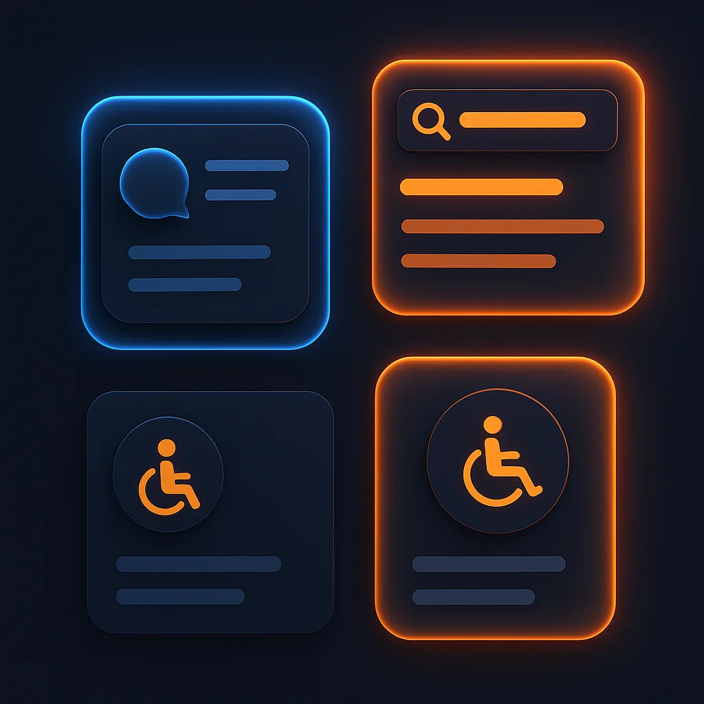 A clean concept illustration of glowing AI chat cards and search result tiles highlighting accessibility icons on a dark background.