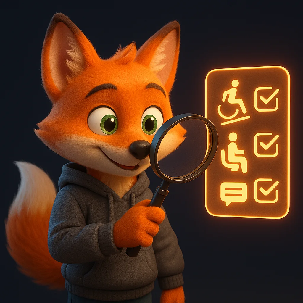 The FoxRadar fox mascot holding a magnifying glass and inspecting a checklist with items like 'no steps' and 'text us' glowing.
