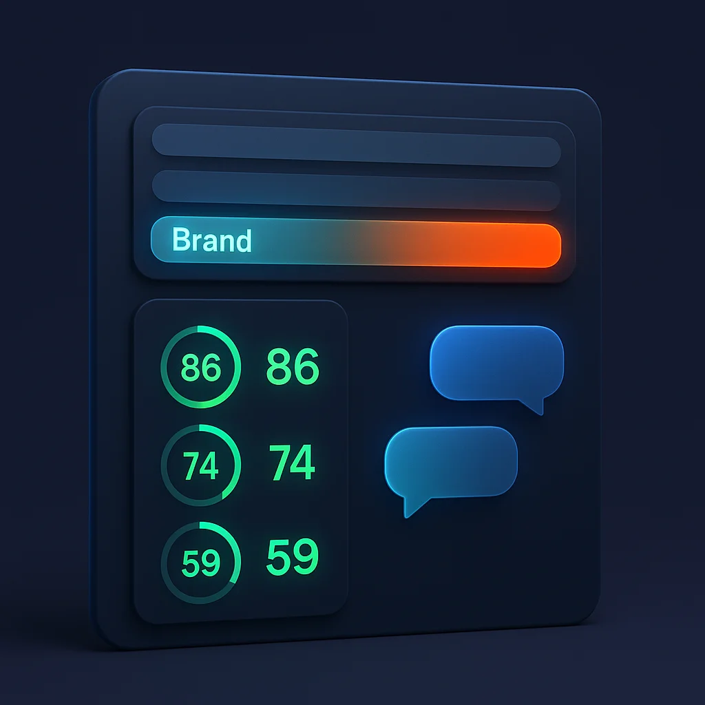 A clean concept illustration of a dashboard with visibility scores and a brand name glowing brighter than competitors on a dark background.